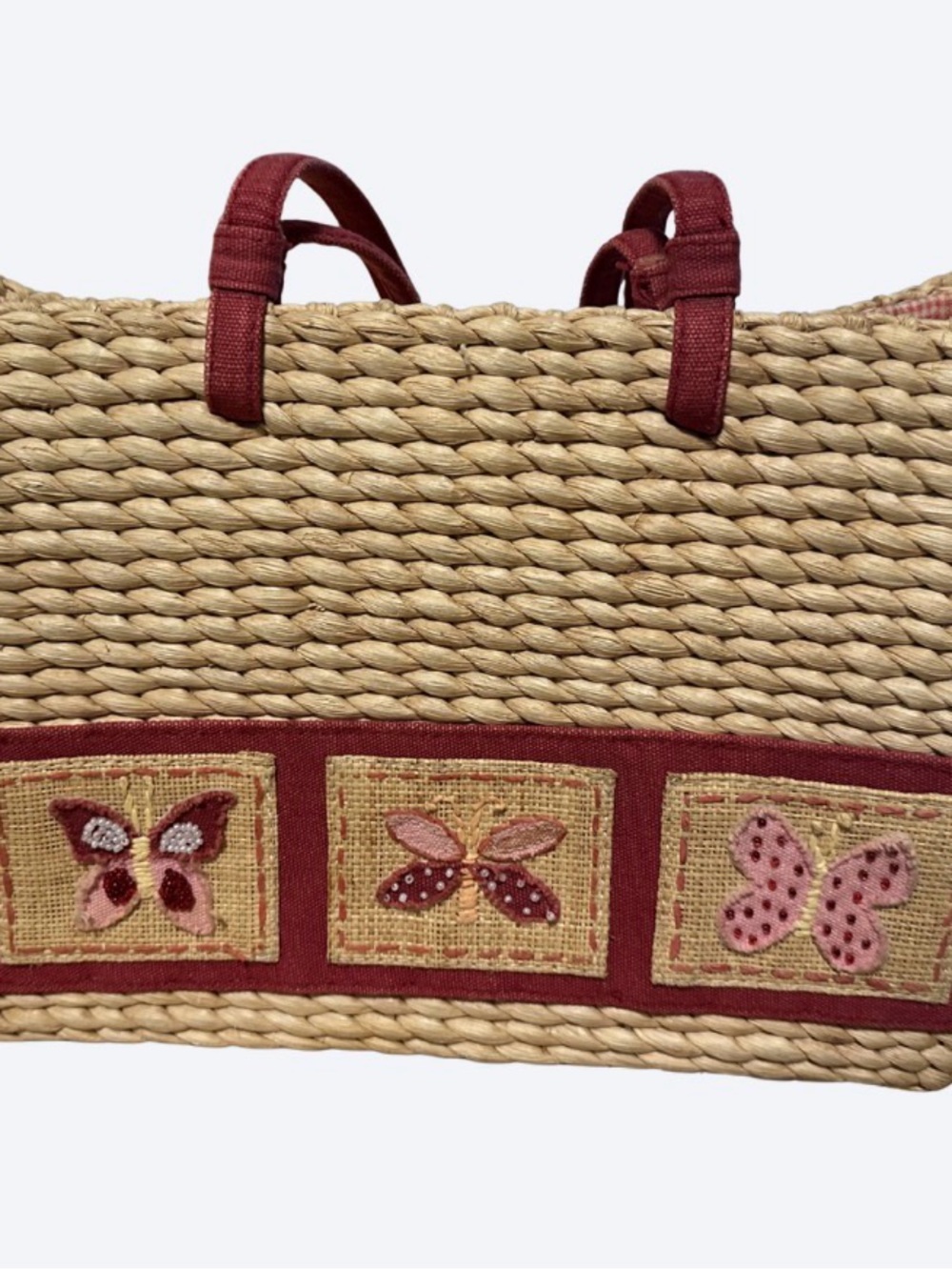 Vintage Straw Basket Handbag Butterfly Beaded Embroidery Boho Summer (12x8)